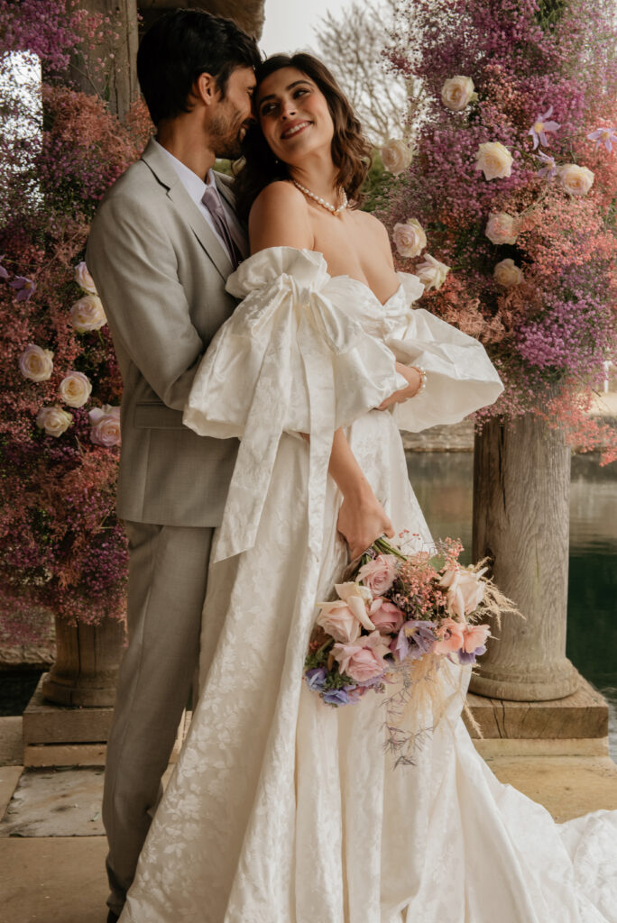 Bride and groom outside wedding at Euridge Manor