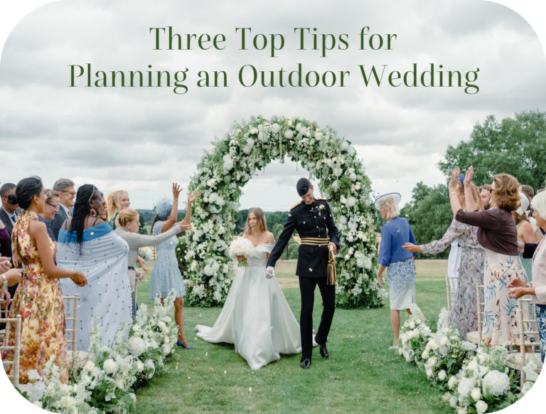 Image of a wedding couple getting married outside and a link to a blog with top tips when planning an outside wedding.