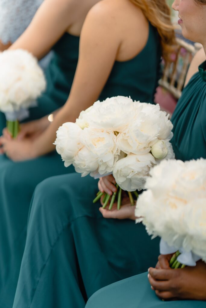 White peony bouquets for bridesmaids at a Somerley House wedding