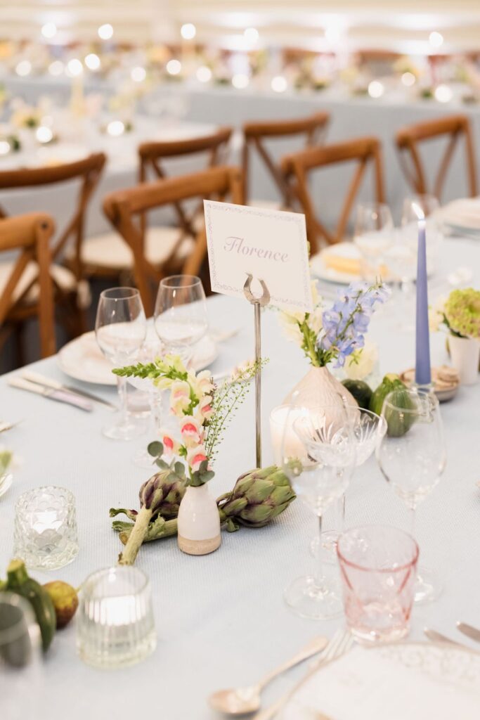 details on a summer pastel wedding table scape