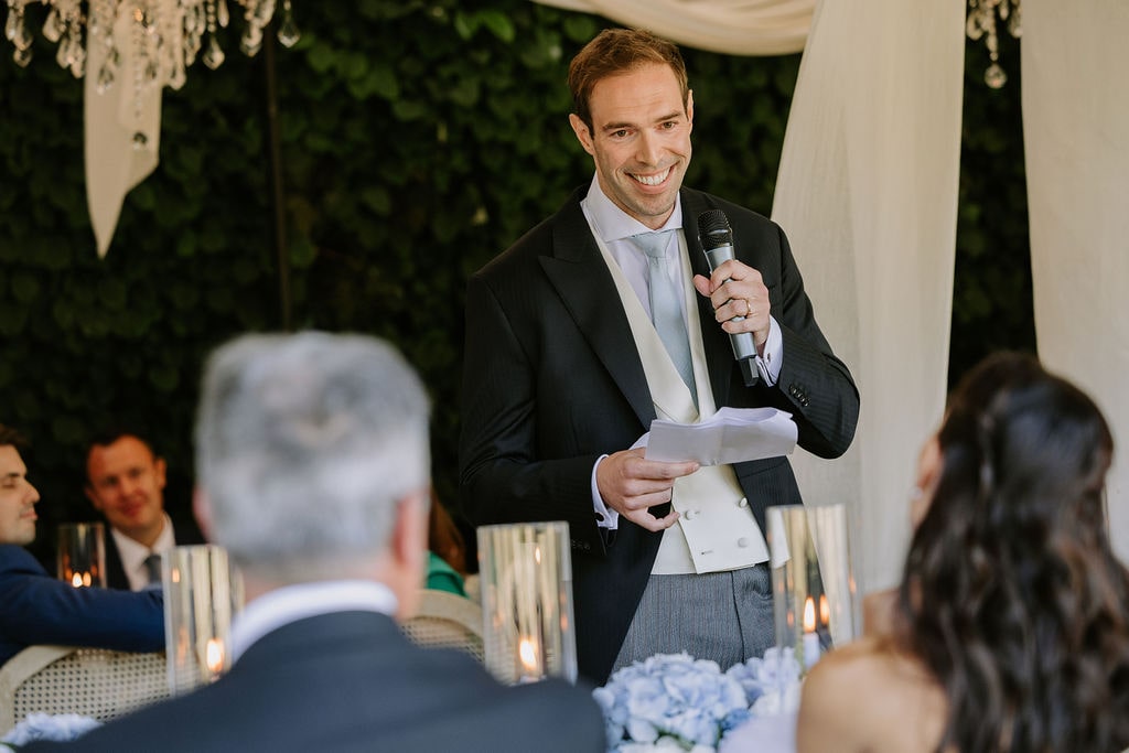 When it comes to how to choose your wedding photographer, choose a second shooter if budget allows. Images show a groom giving a speech and the bride's smiling reaction.