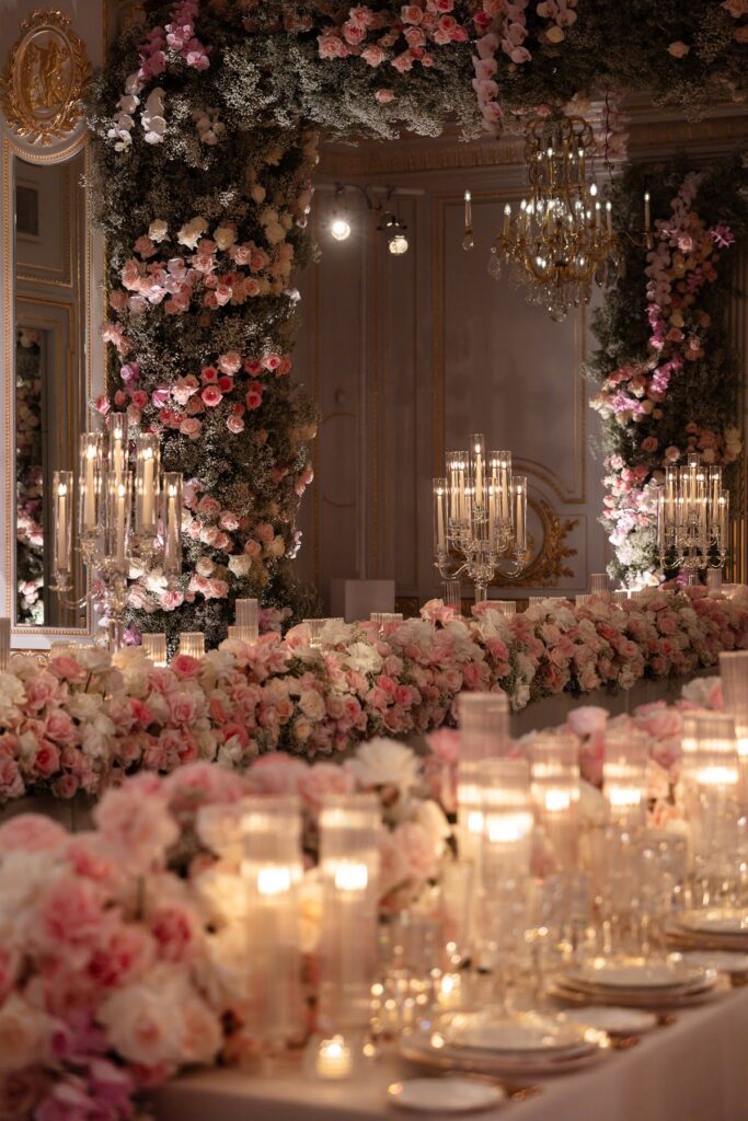 Pink floral wedding reception, a short notice wedding planned at Mandarin Oriental by Ella Hartig