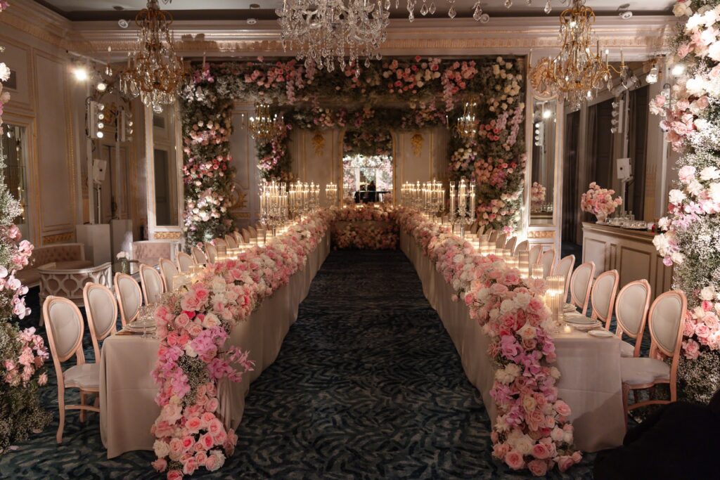 Pink floral wedding reception, a short notice wedding planned at Mandarin Oriental by Ella Hartig