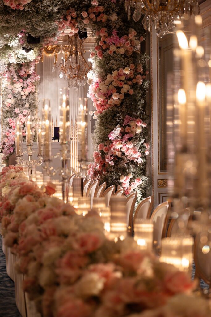 Pink floral wedding reception, a short notice wedding planned at Mandarin Oriental by Ella Hartig
