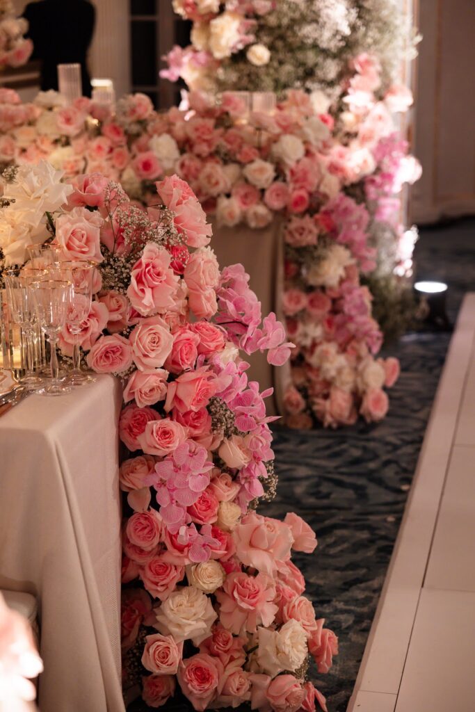 Pink floral wedding reception, a short notice wedding planned at Mandarin Oriental by Ella Hartig