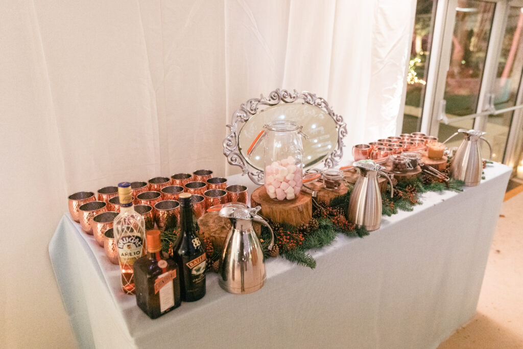 Hot chocolate bar at a short notice winter marquee wedding planned at couple's home by Ella Hartig