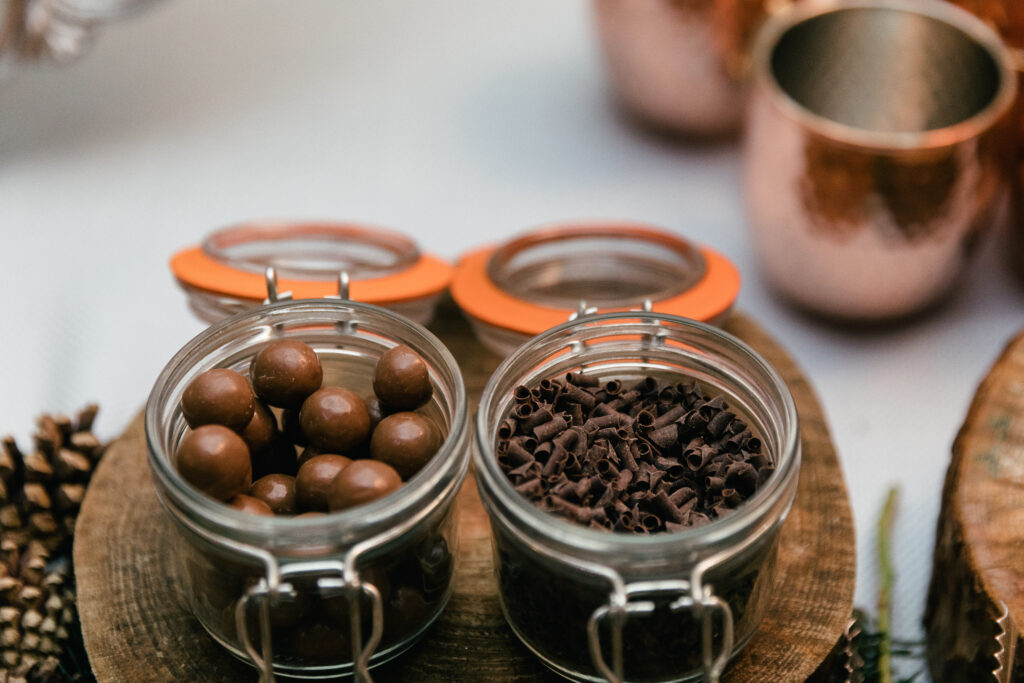 Hot chocolate bar at a short notice winter marquee wedding planned at couple's home by Ella Hartig
